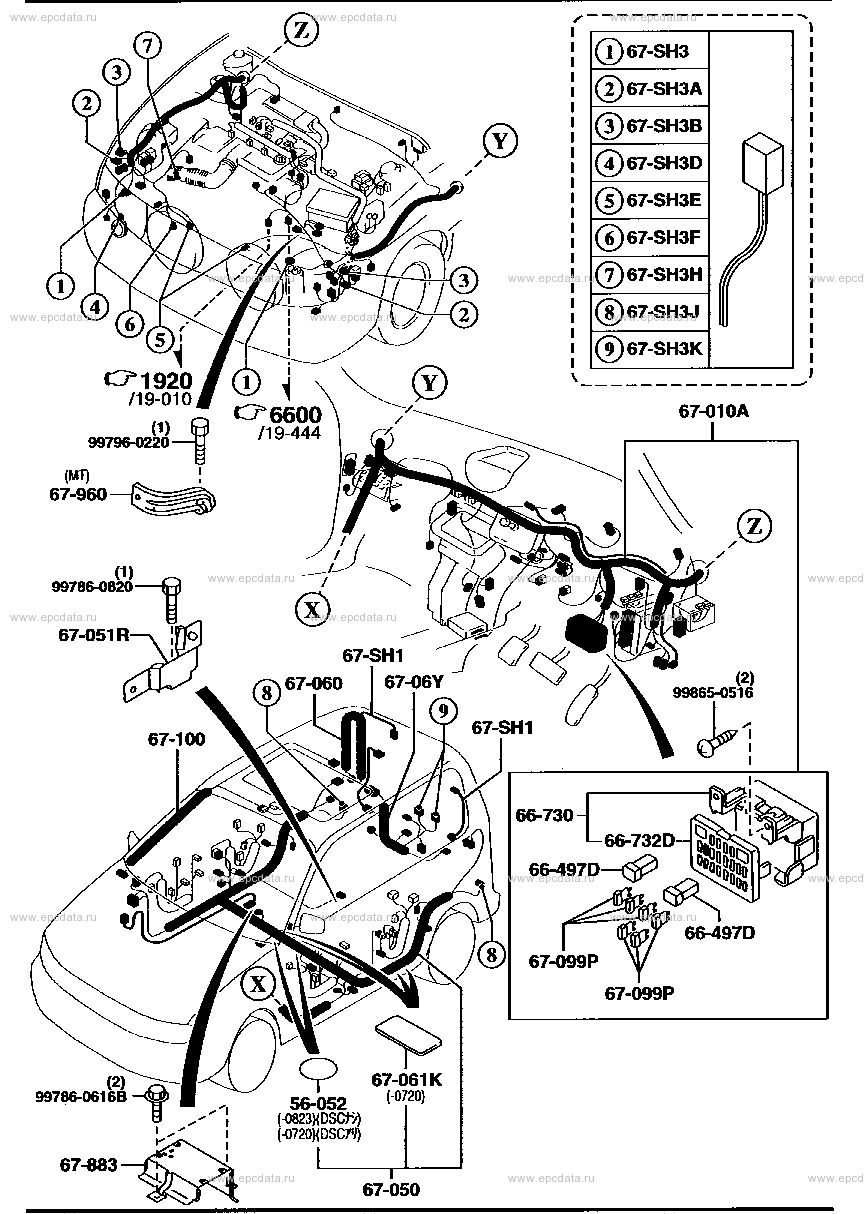 Front & rear wire harness for Mazda Demio DW, 1 generation 08.1996 11