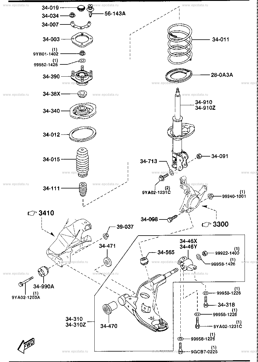 Front suspension mechanism for Mazda Capella GW, 7 generation 11.1997 ...