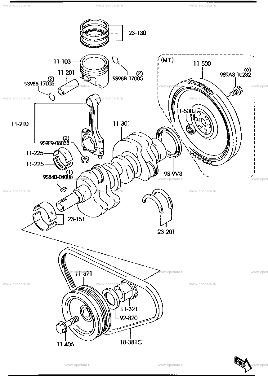 Piston, crankshaft and flywheel (non-turbo)