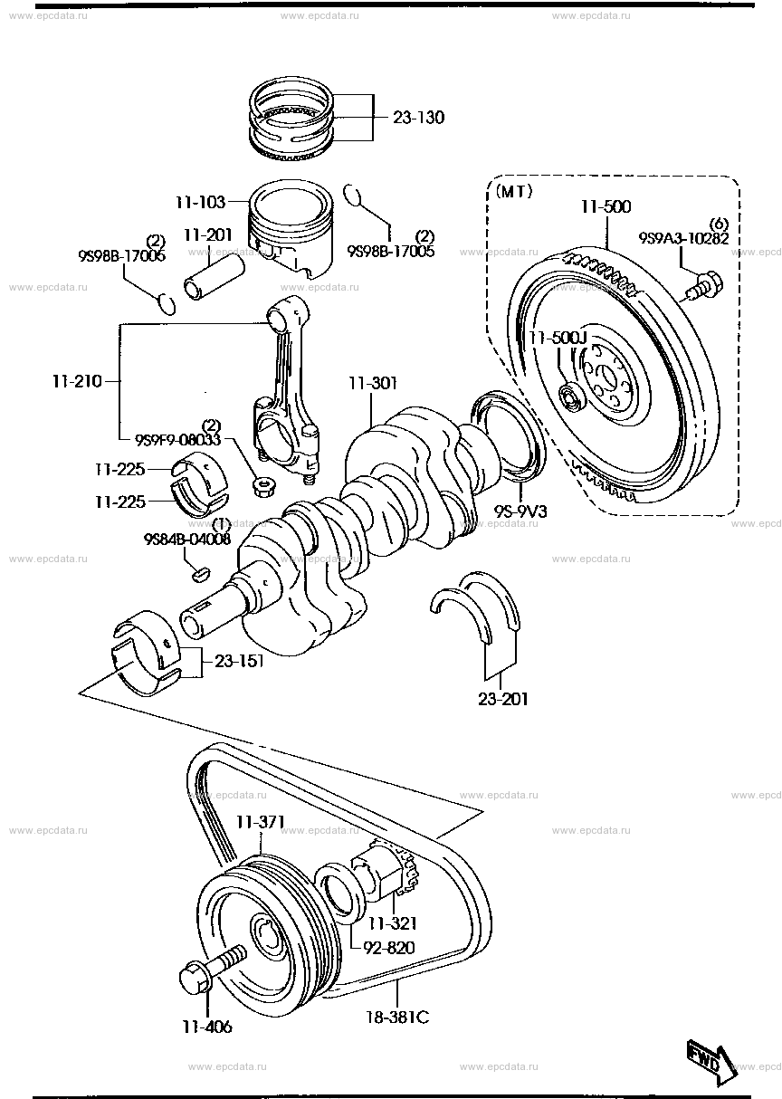 Piston, crankshaft and flywheel (turbo)