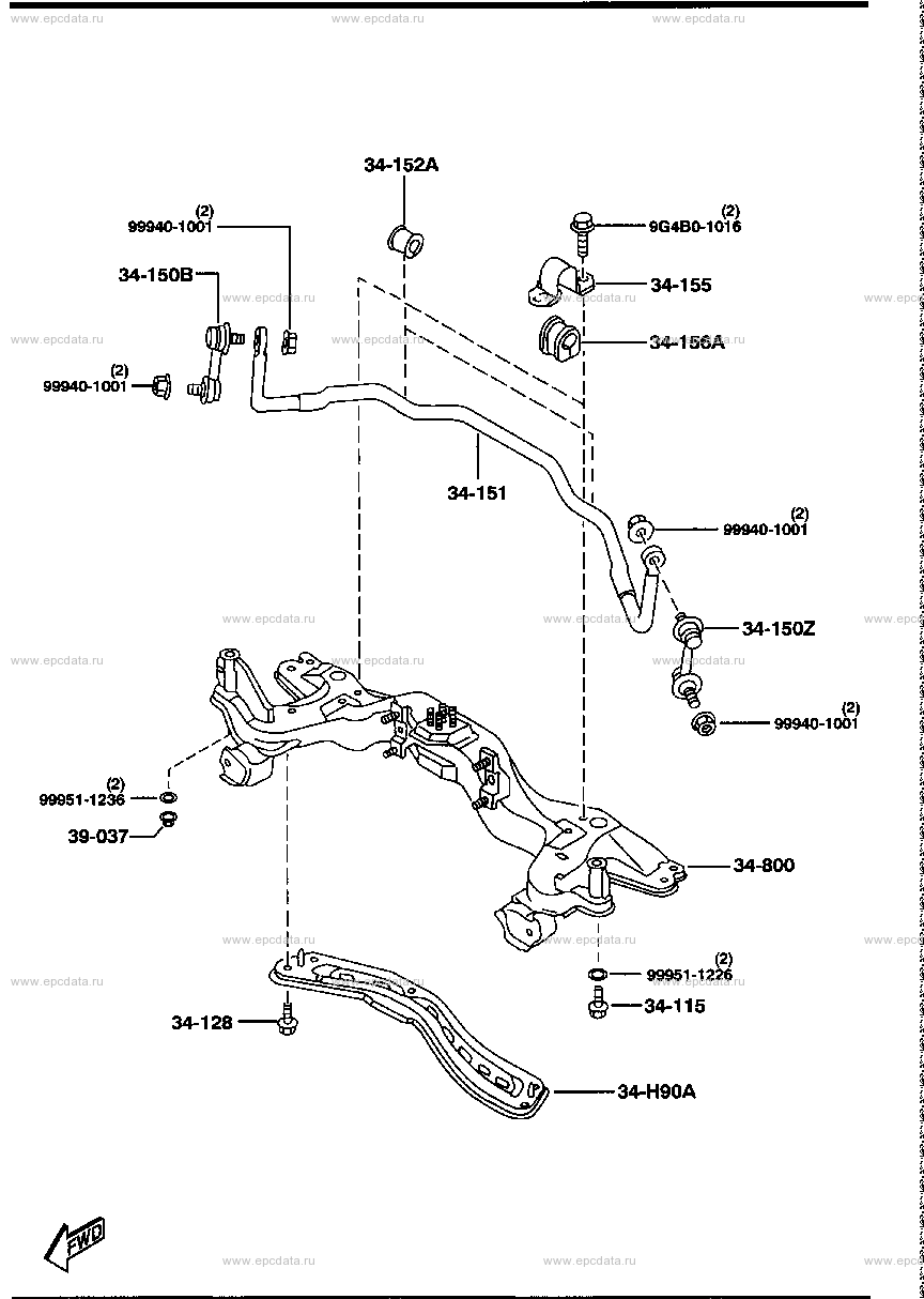 Cross member & stabilizer for Mazda Familia BH, 8 generation