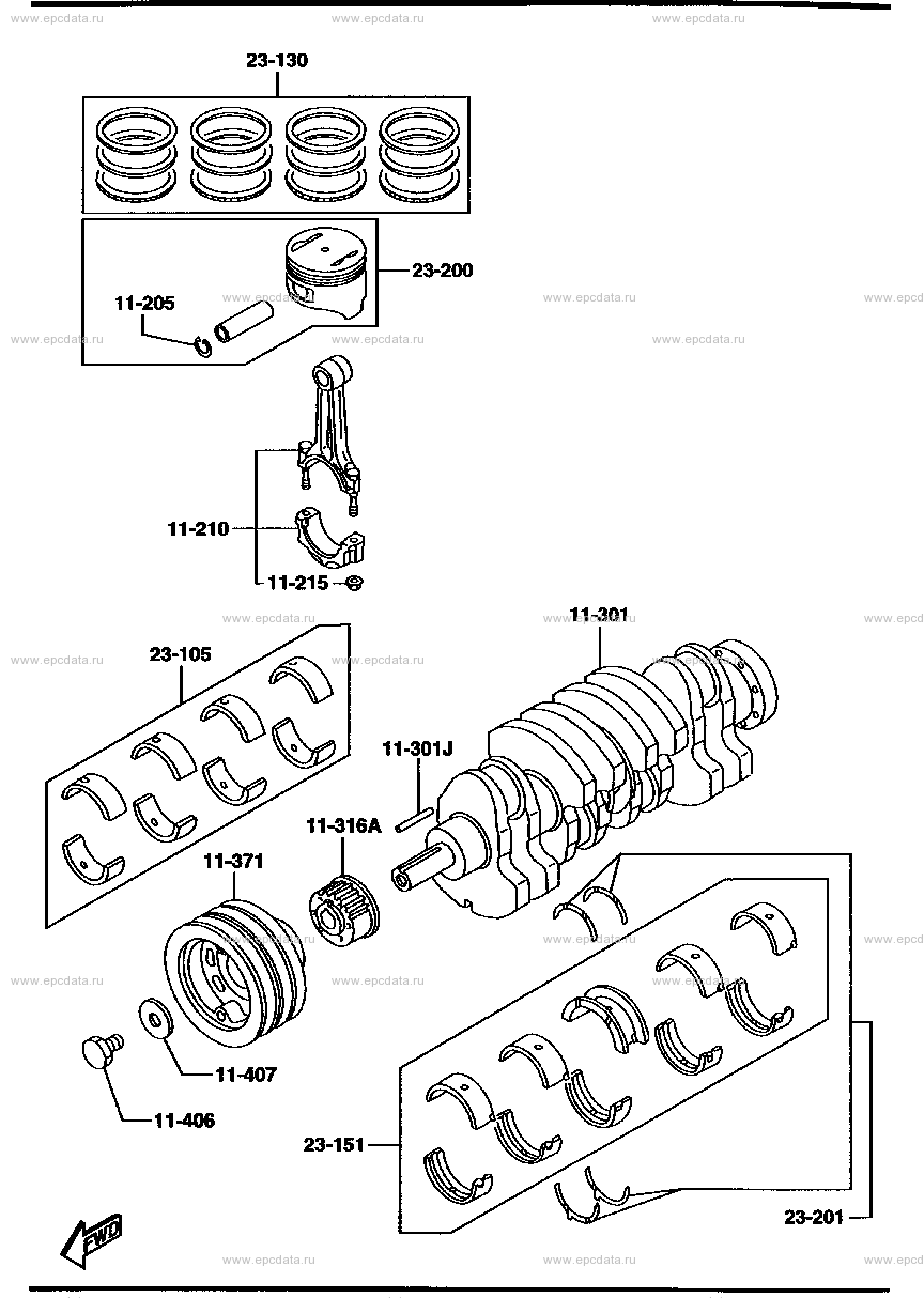 Piston, crankshaft and flywheel (diesel)