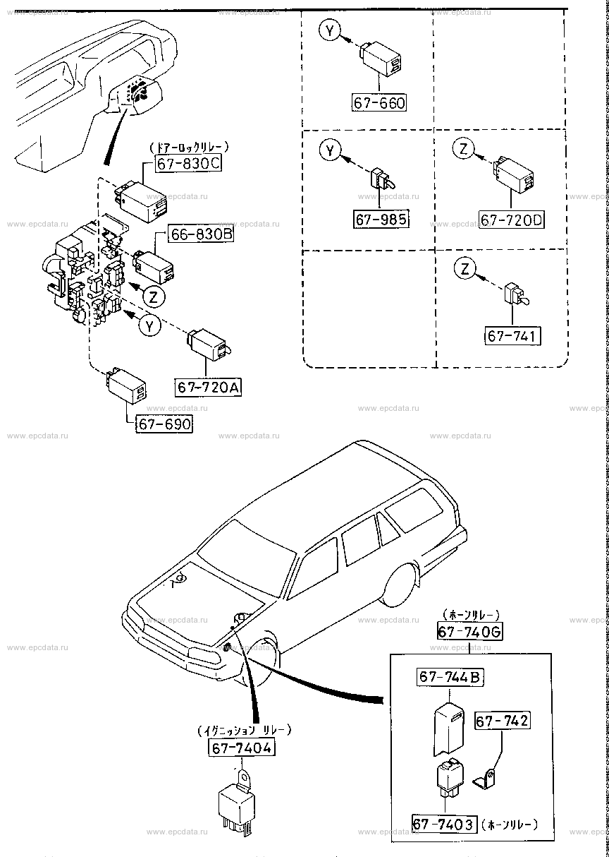 Реле и узлы кузова для Mazda Familia BW, 6 поколение, рестайлинг 04.1987 -  08.1994 - Запчасти для Mazda - Каталоги оригинальных запчастей - Амаяма  (Amayama)