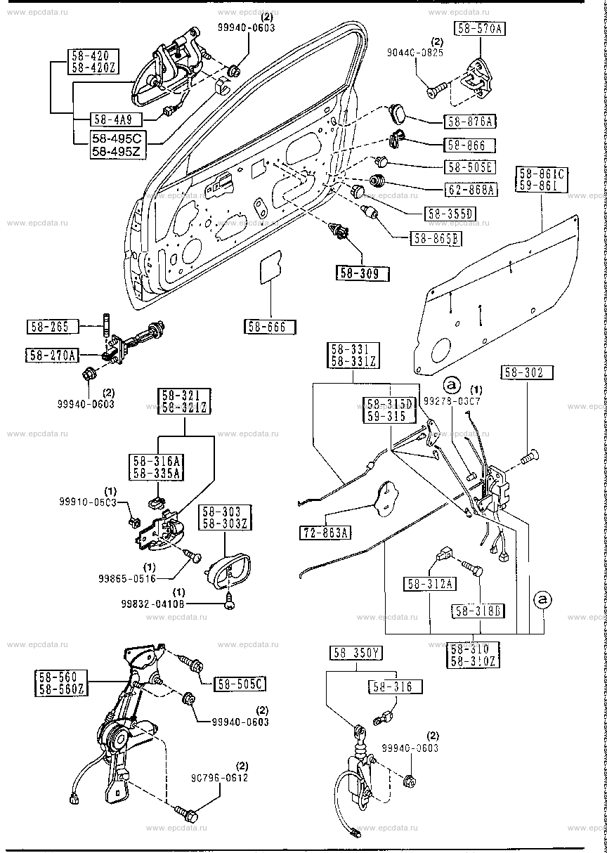 Front door lock & regulator for Mazda Eunos Presso EC, 1 generation 06. ...