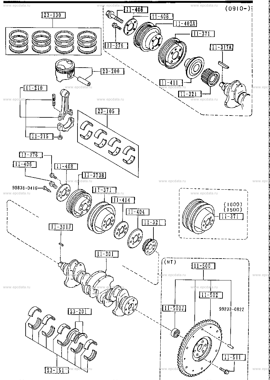 Piston, crankshaft and flywheel (gasoline)(OHC)