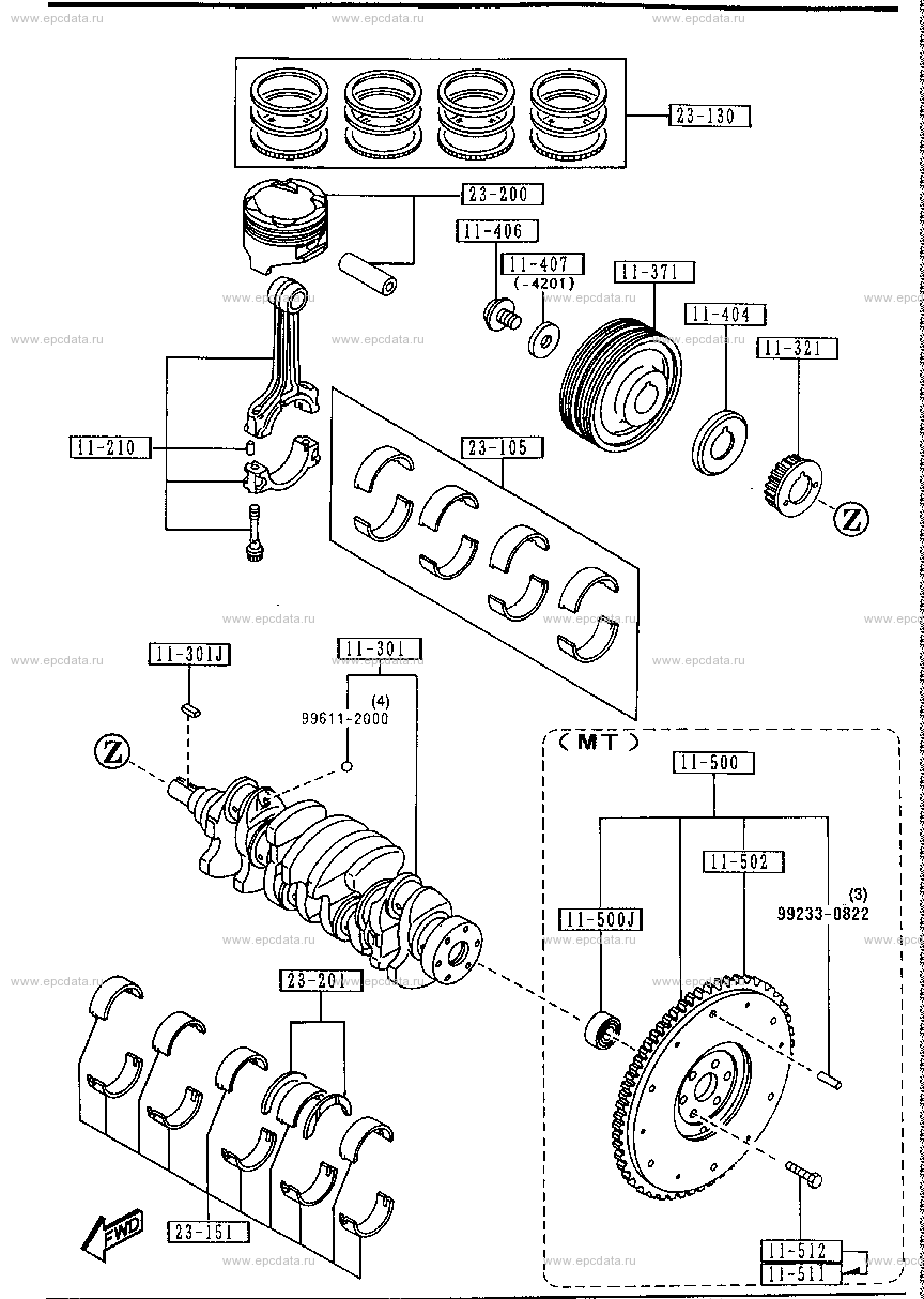 Piston, crankshaft and flywheel (gasoline)(4-cylinder)