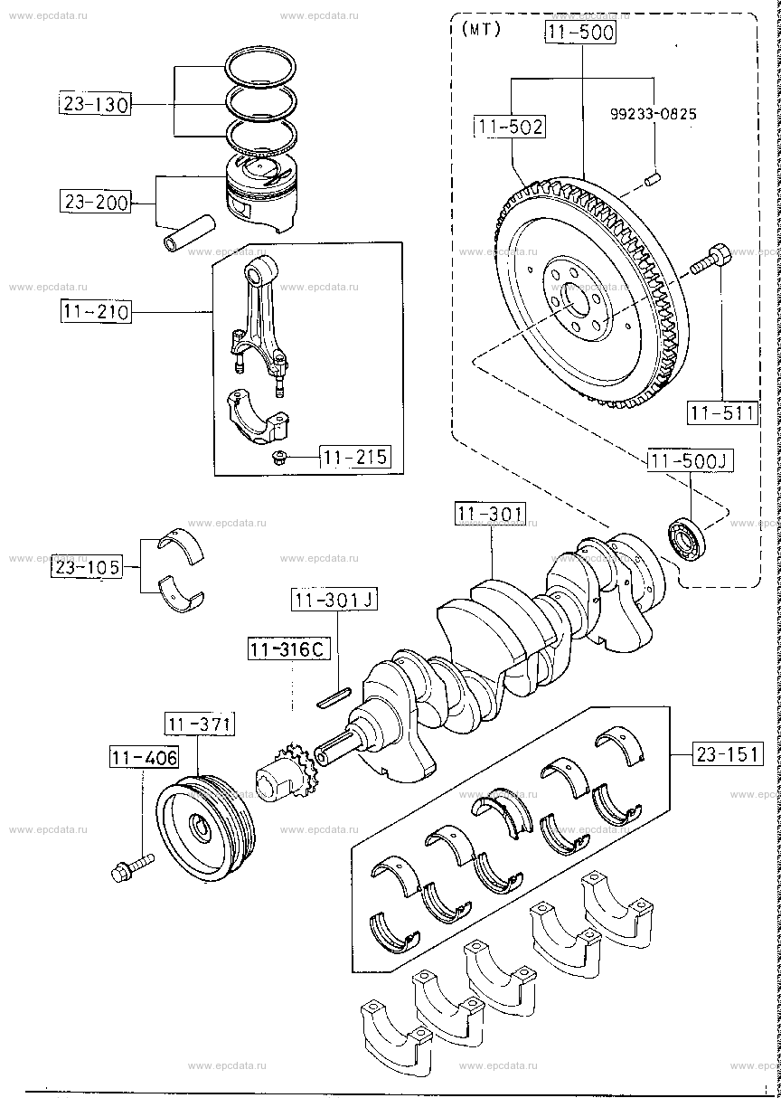 Piston, crankshaft and flywheel (LPG)