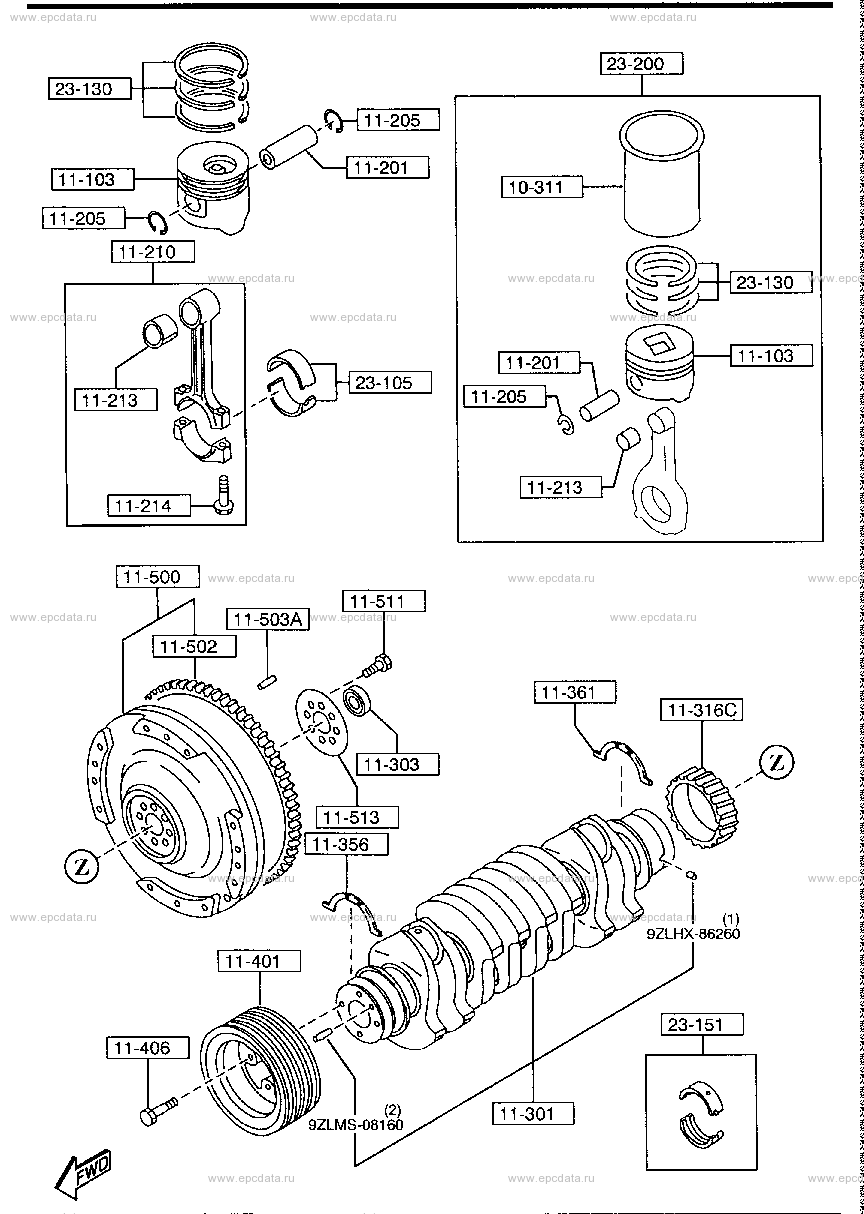 Piston, crankshaft and flywheel (4300CC & 4600CC)