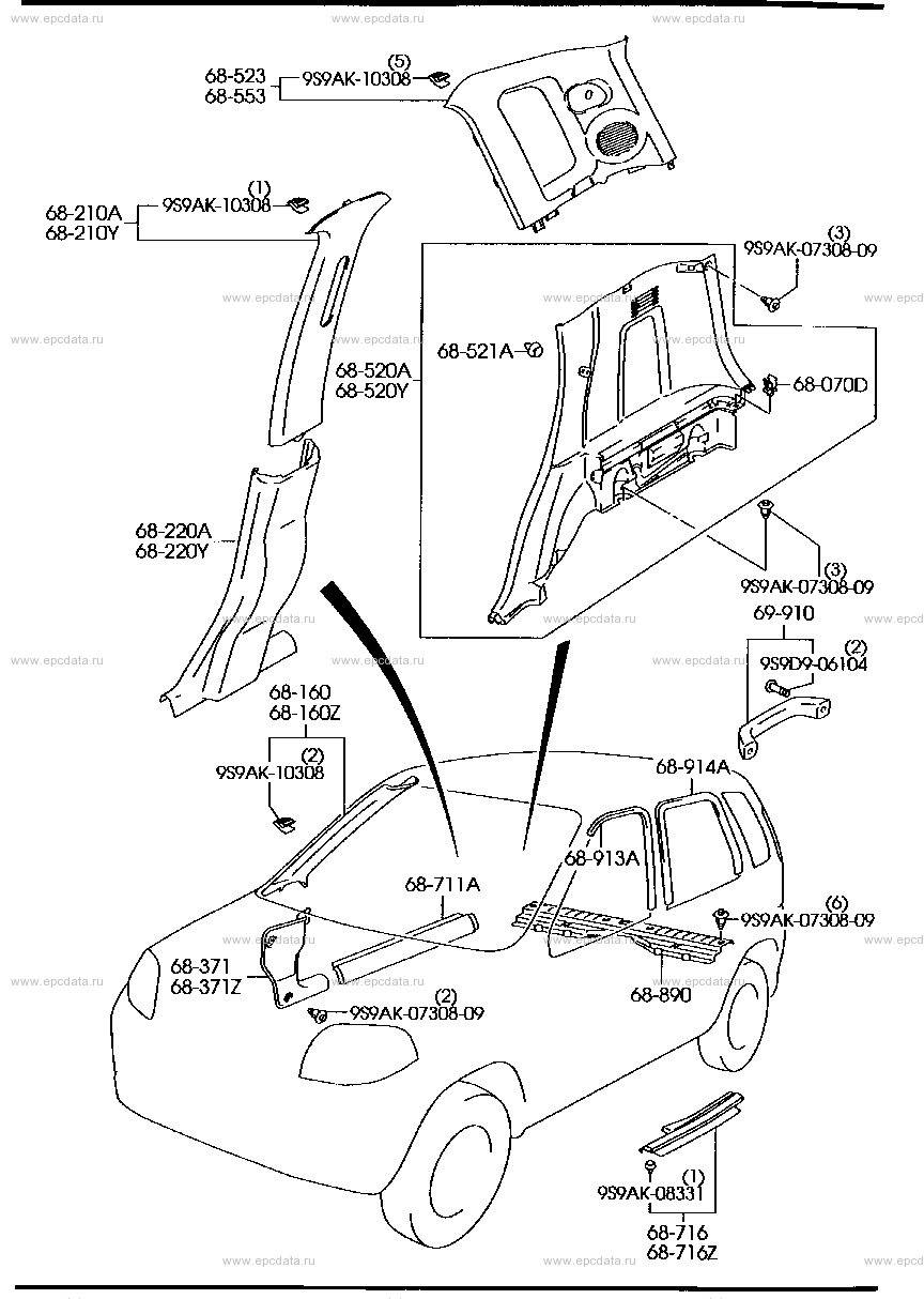 Обивка кузова, накладки порогов для Mazda Laputa HP, 1 поколение,  рестайлинг 10.2000 - 01.2006 - Запчасти для Mazda - Каталоги оригинальных  запчастей - Амаяма (Amayama)