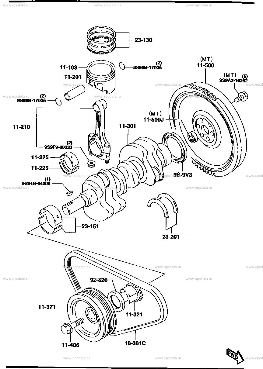 Piston, crankshaft and flywheel (DOHC)