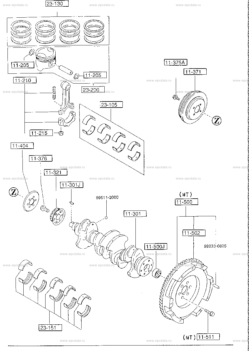 Piston, crankshaft and flywheel (gasoline)