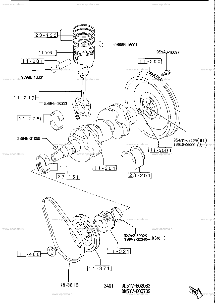 Piston, crankshaft and flywheel (van)(non-turbo)