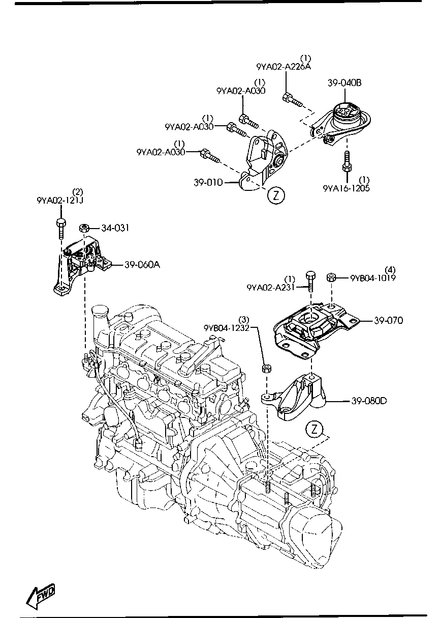 Engine & transmission mountings (manual transmission) (1600cc) for